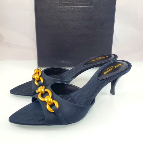 NWT$1050 Saint Laurent YSL Logo Maillon Gippy Chain Heel Slide Sandal Mule Sz 37 - Picture 9 of 17